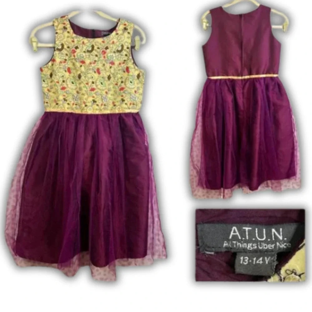 ATUN Girls Embroidered Floral Tulle Party Dance Dress Purple Gold Size 13-14Y